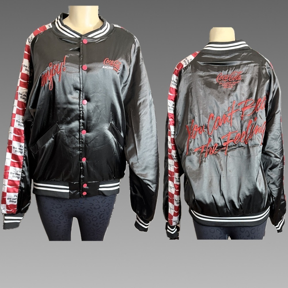 The Laundry Room XL Black Logo Coca Cola Racing Graphic Satin Snap Bomber Jacket